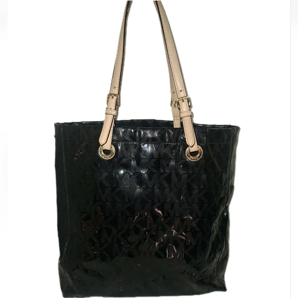 Michael Kors Large Jet Set Logo Tote Black Shoulder Patent Leather Bag Purse - Picture 3 of 17